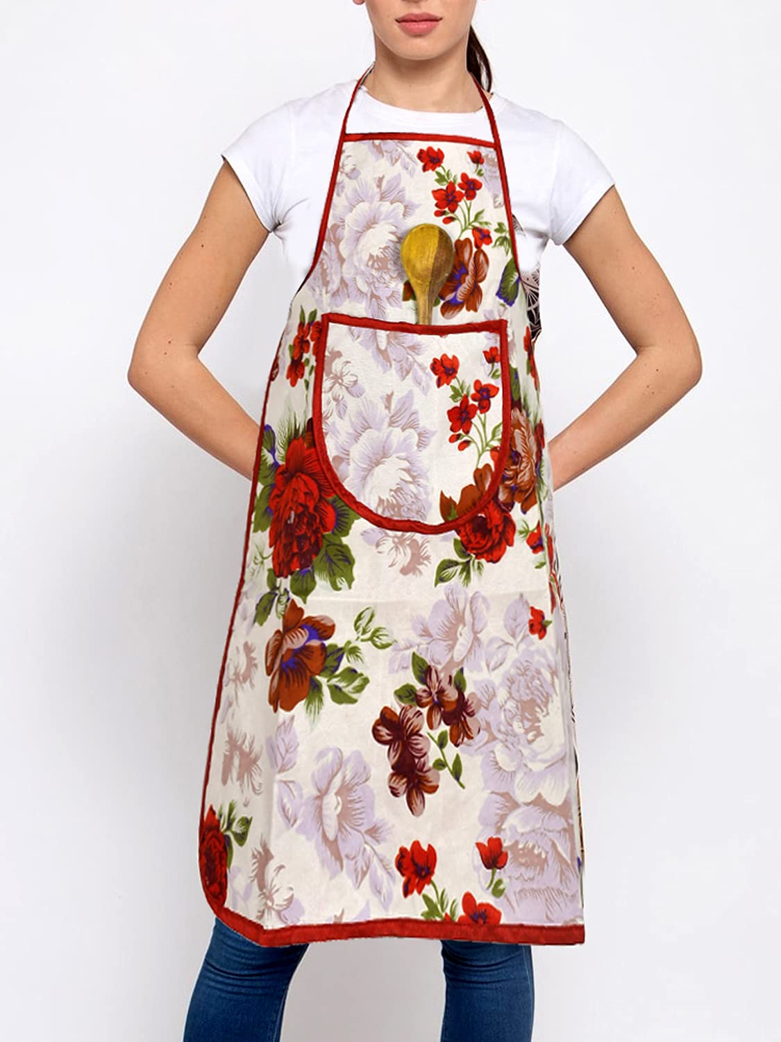 Kuber Industries Flower Printed Apron with 1Front Pocket, Pack of 2 (Red)