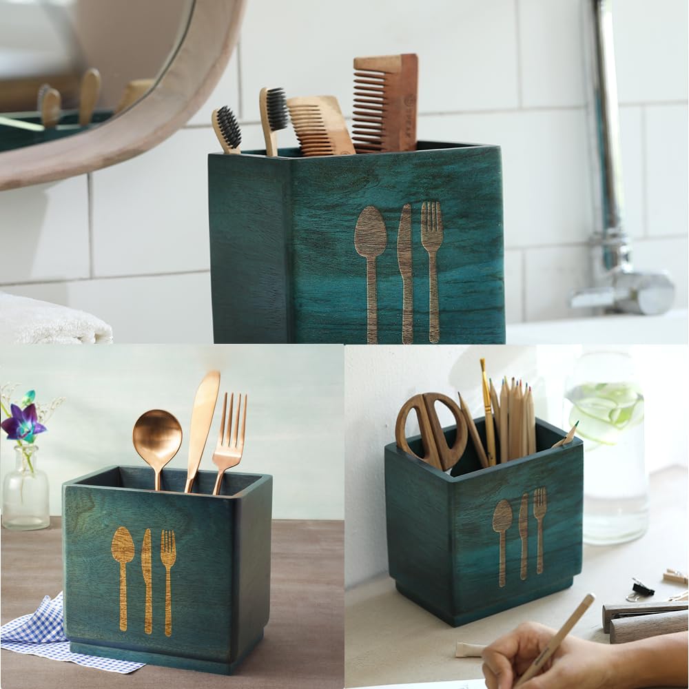 Ellementry Blue Wood Utensil Holder| Spoon, Knife, Fork, Chopstick, Cutlery Holder/Organizer Stand for Kitchen & Dining Table| Multifunctional Spoon Stand | Handcrafted Table Organizer