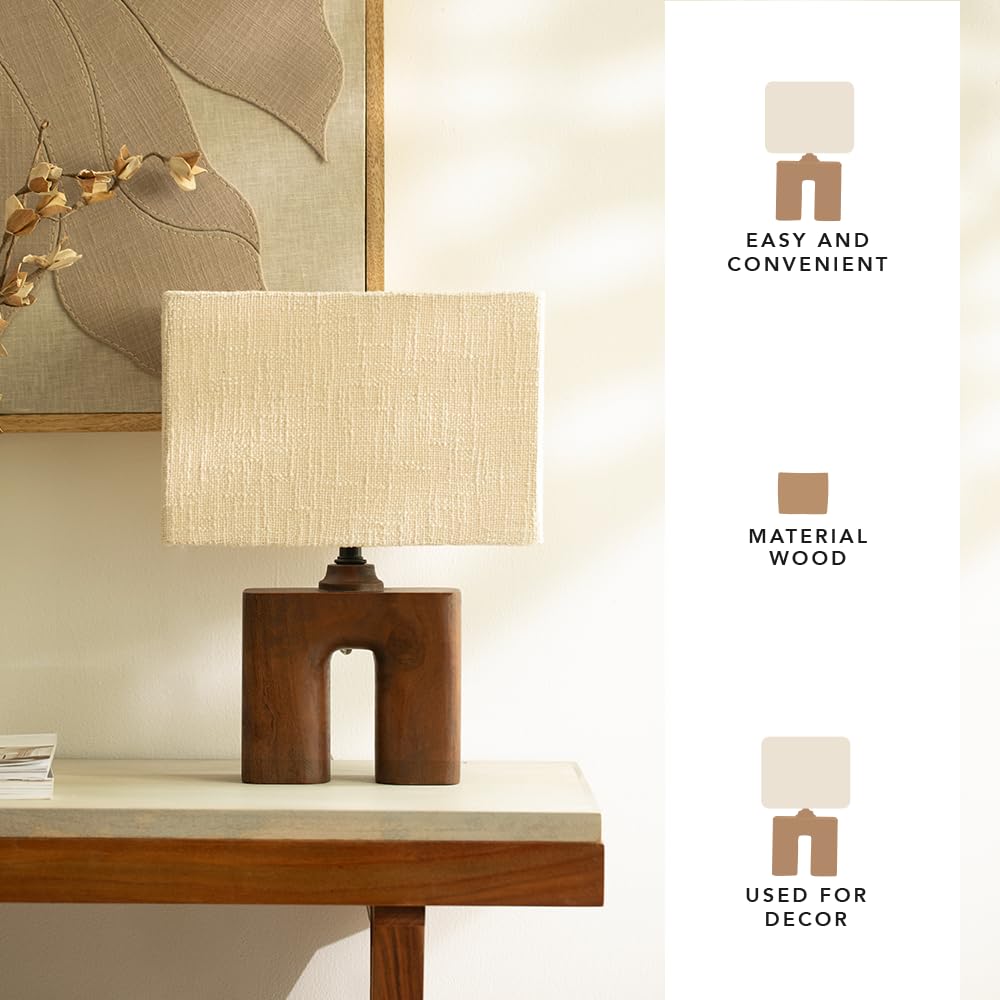 Wooden Table Lamp - Polished, Touch Control, Energy Efficient | Includes Shade | 31 x 18 x 41 cm | Beige