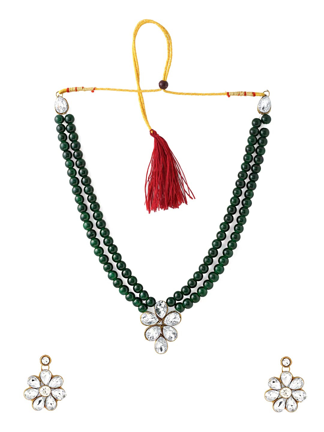 Yellow Chimes Traditional Green Beads Necklace - Party wear