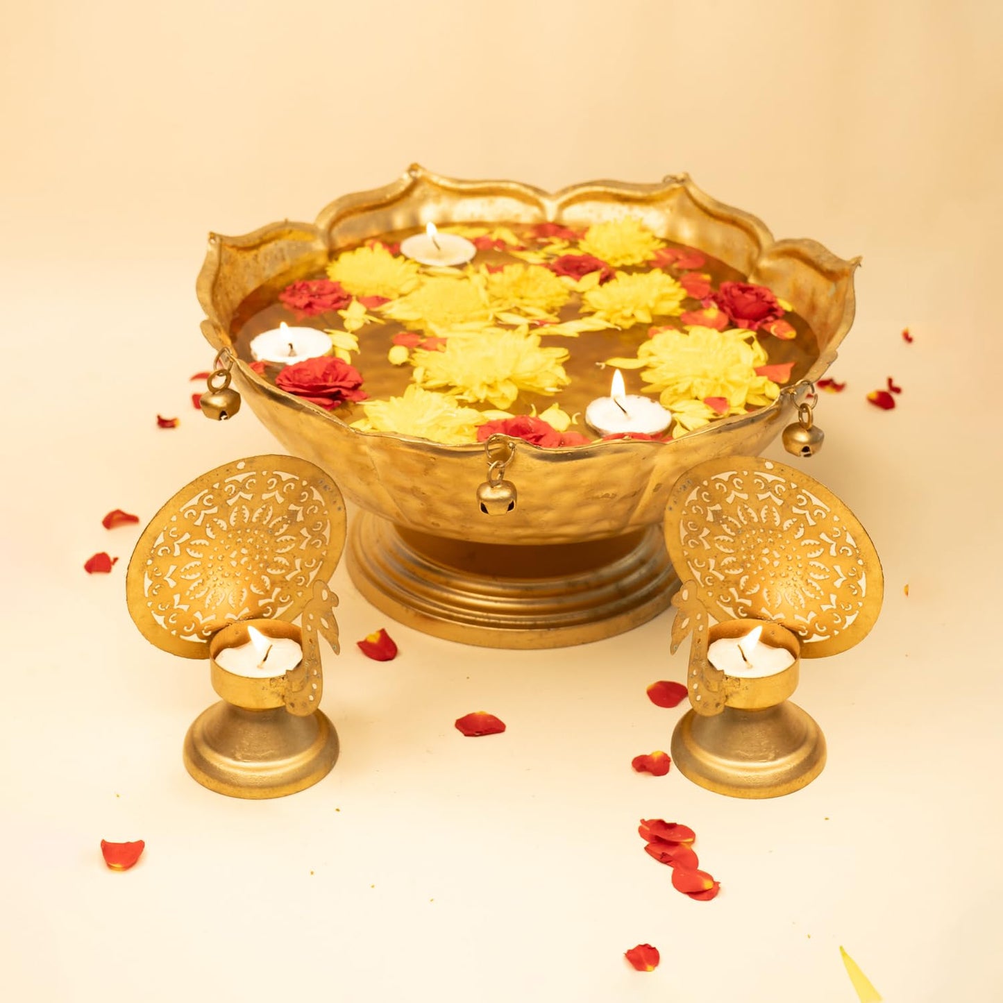 Urli Bowl for Home Decor with Floating Flowers & Tealight Candles - Perfect for Any Space!