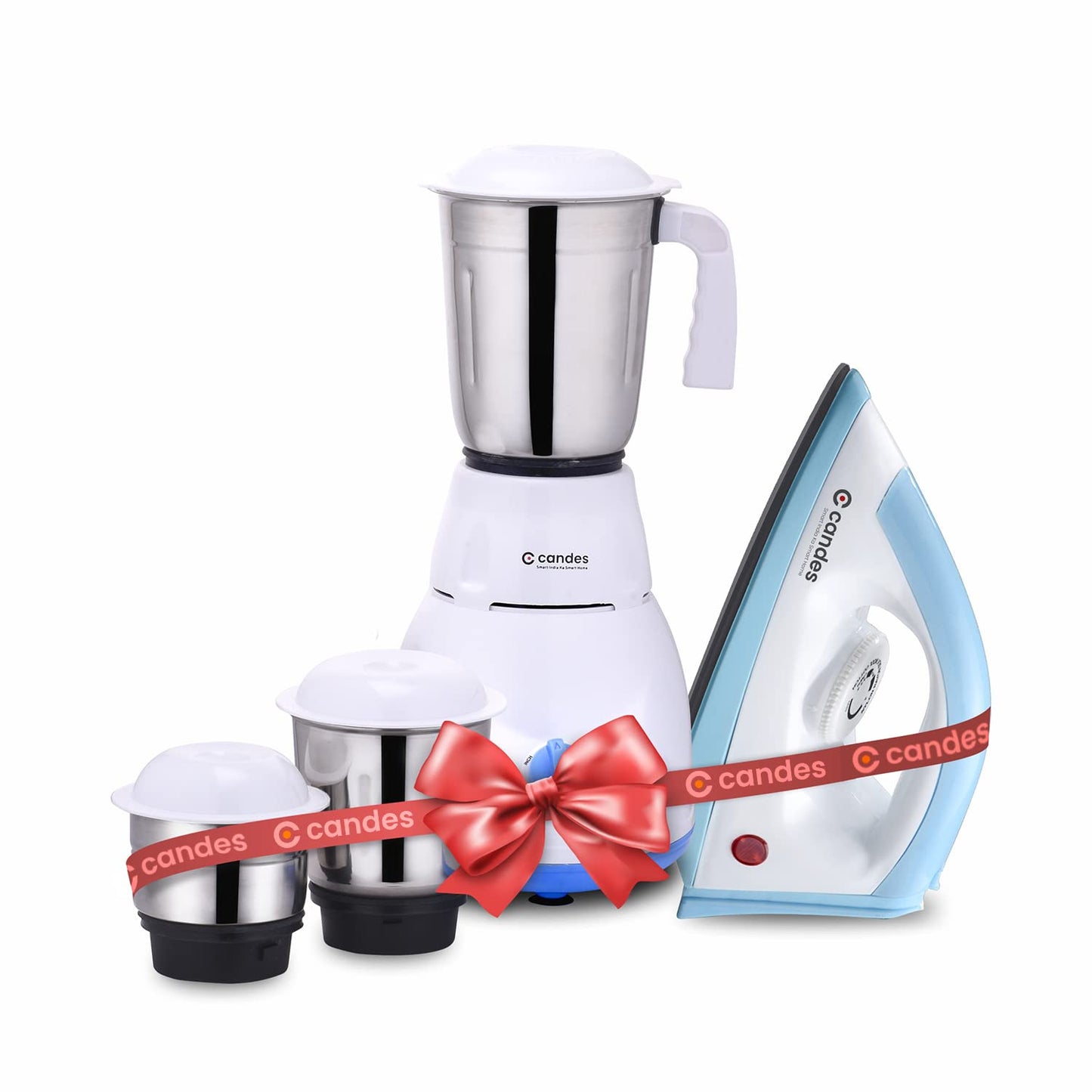 CANDES Mixer Grinder with Iron Combo- 550W Mixie for Kitchen with 3 Stainless Steel Jars, Powerful Motor, Efficient Steel Blades & 750W Electric Iron Press with 1 Year Warranty- White & Blue