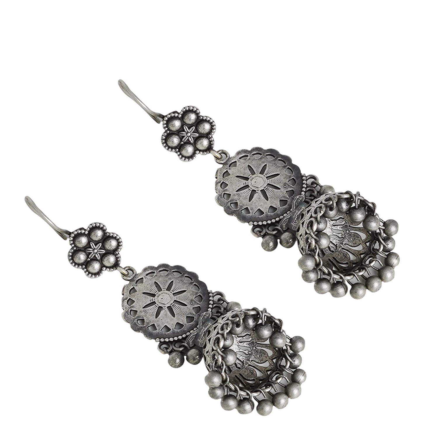 Teejh Anushreya Floral Silver Oxidised Jhumki - Elegant floral design