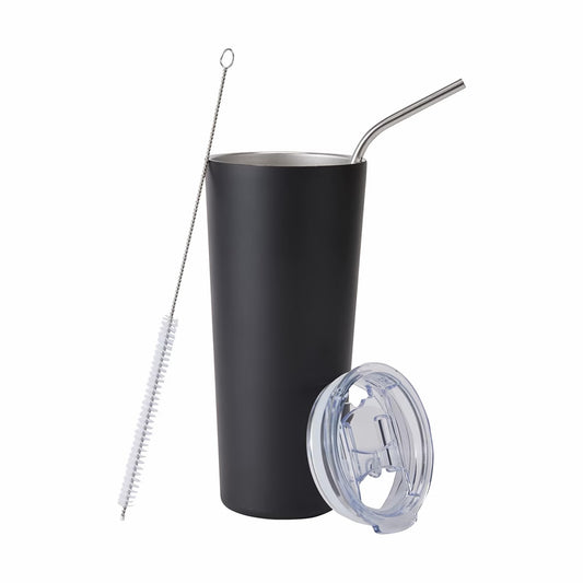 Combo: On The Go Tumbler Set - Double Wall, Vacuum, Airtight | Steel Straw, Cleaning Brush, Lid | 600 ml | Black