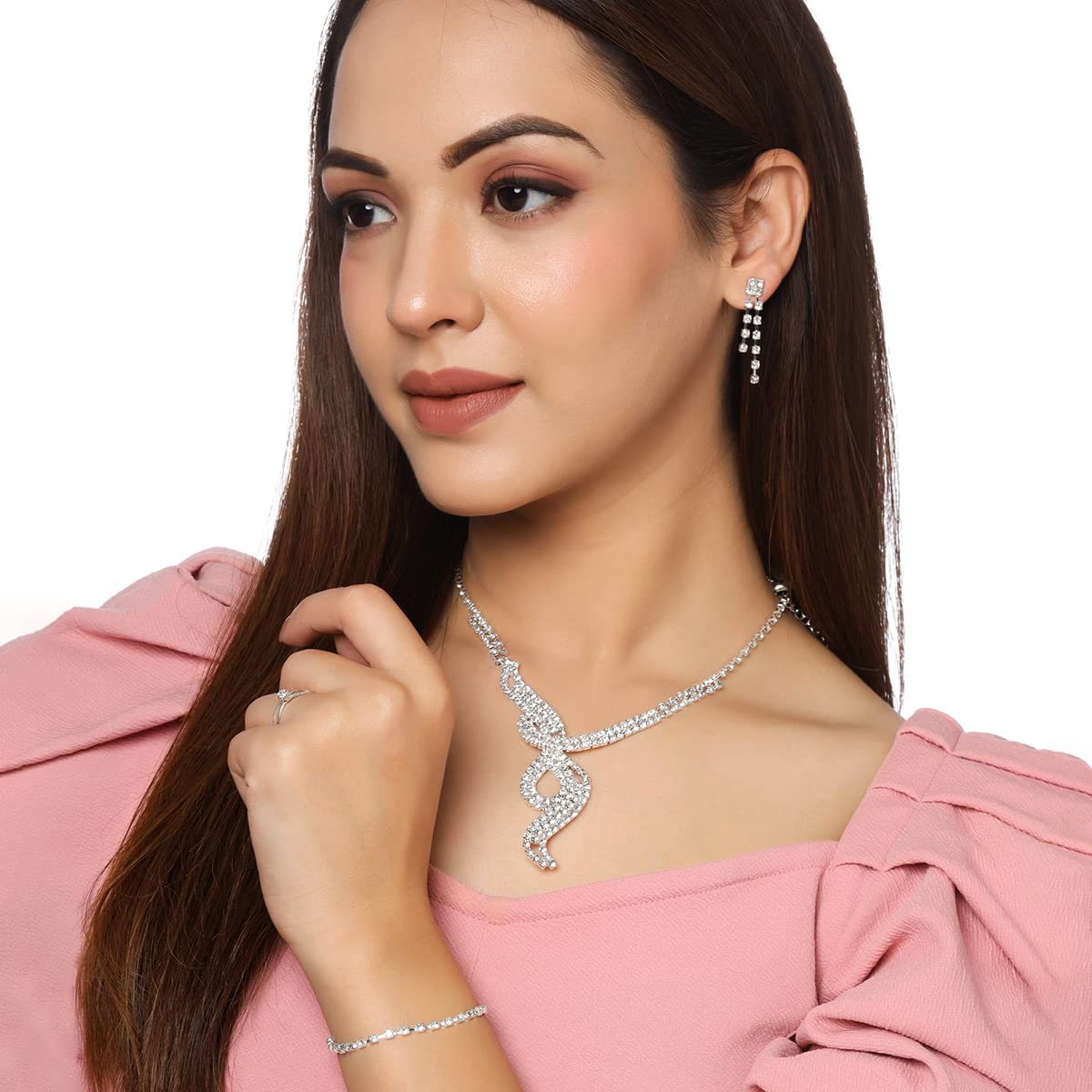 Yellow Chimes Silver Toned Crystal Necklace Set - Beautiful Birthday Gift
