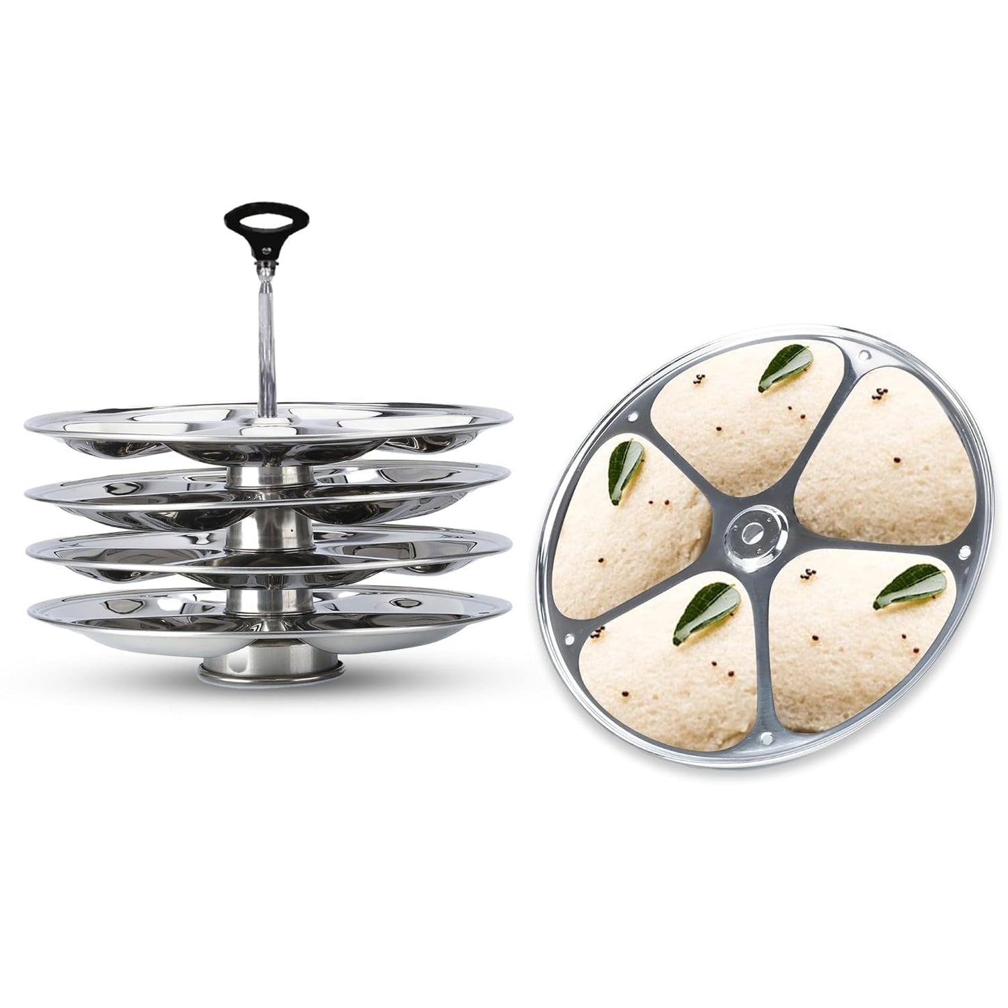 Pack of 2: Stainless Steel Idli Plates - Removable, Cool Grip Handle | Round & Triangle | 32 & 20 Idlis