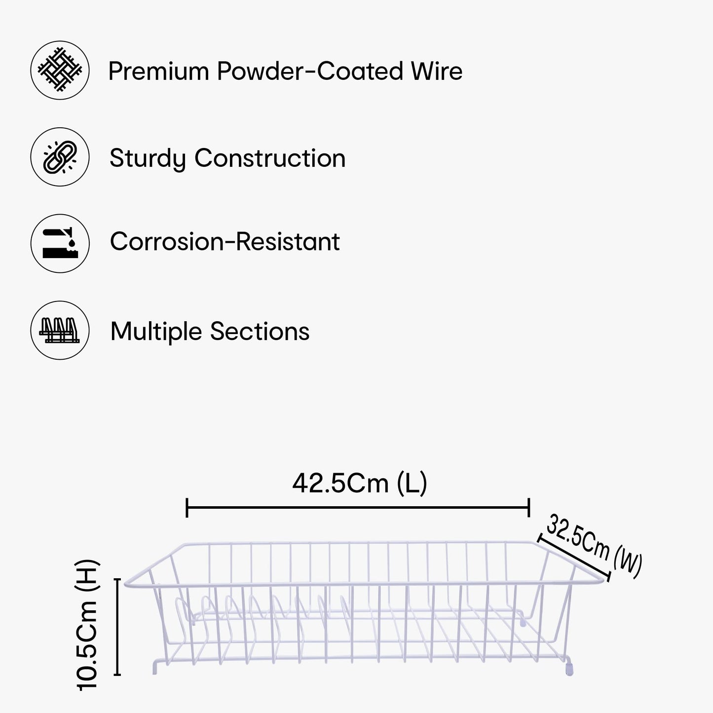 Anko Premium Powder-Coated Wire Frame Kitchen Dish Rack with Tray & Utensil Holder, Rustproof, Corrosion-Resistant | White | 42.5 Cm (L) x 10.5 Cm (H) x 32.5 Cm (W) (1 Pc)