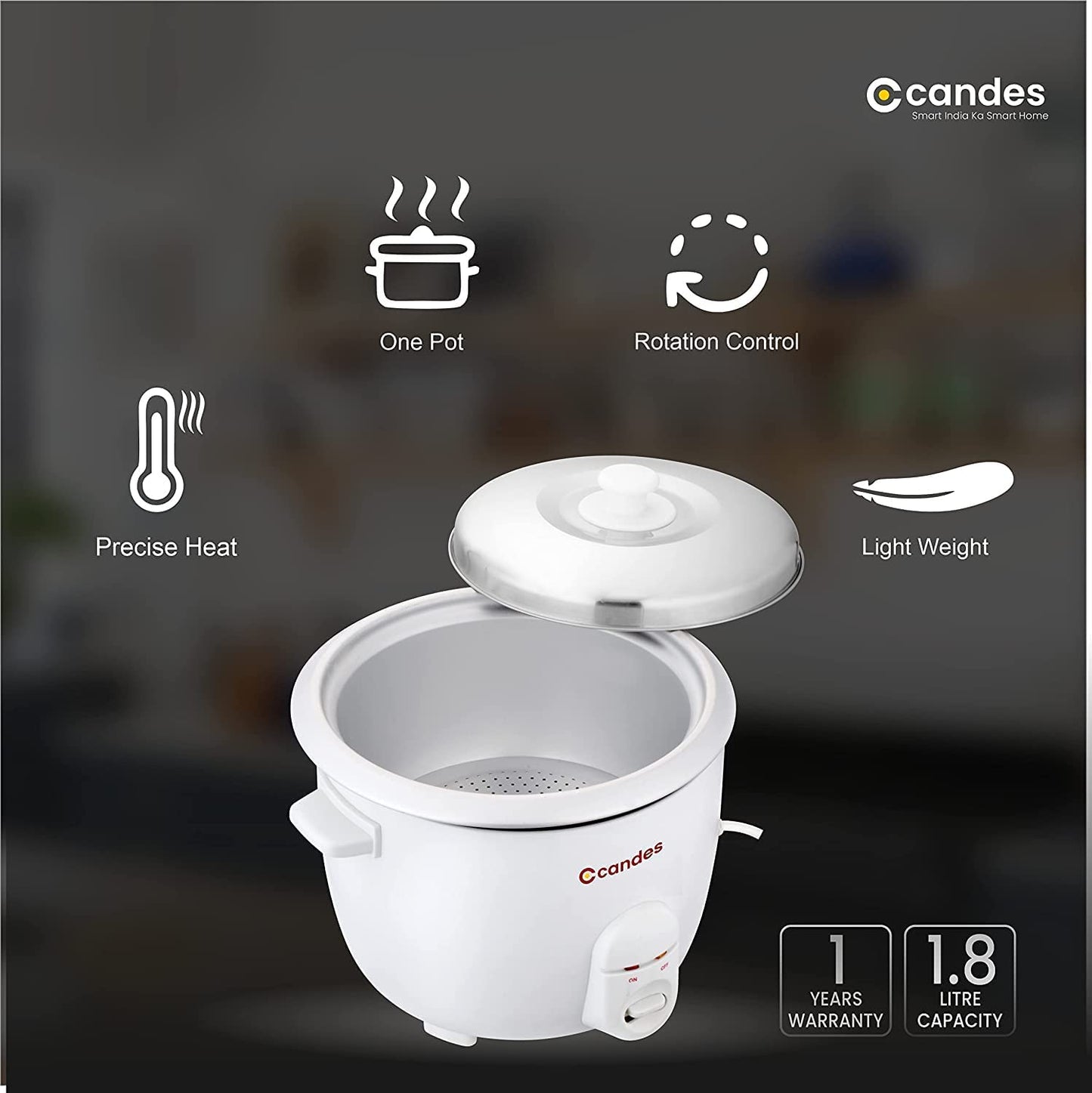 Candes Aroma Electric Easy Cook 1.8 liters Automatic Rice Cooker with 1 Measuring cup and Spatula (1 Year Warranty, 700W) (White)