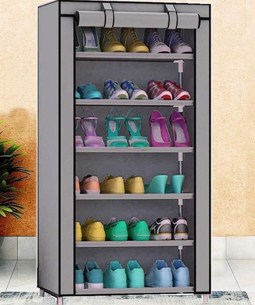 Pack of 4: Foldable Shoe Rack - 6 Shelves, Non-Woven | Storage Organizer for Shoes & Books | Grey