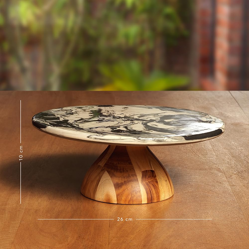 Ellementry Carbon Ceramic and Wooden Cake Stand with Wooden Base | Decorating Round Pizza Cake Stand| Fruit & Dessert Stand| Round Cup Cake Table | Wooden Table Stand for Birthday & Anniversary