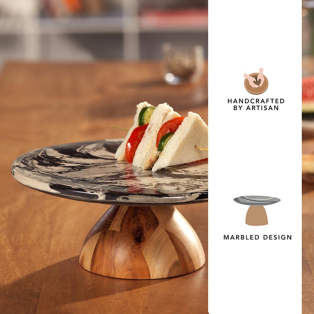 Ellementry Carbon Ceramic and Wooden Cake Stand with Wooden Base | Decorating Round Pizza Cake Stand| Fruit & Dessert Stand| Round Cup Cake Table | Wooden Table Stand for Birthday & Anniversary