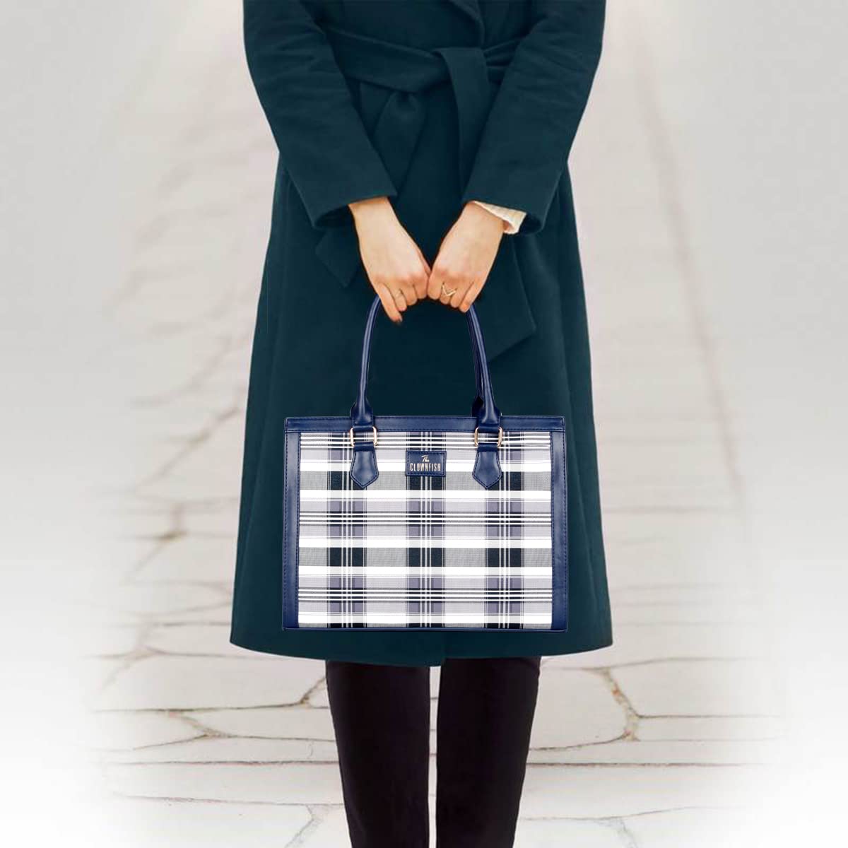 Handbag: Stylish Shoulder Tote for Women - Checks Design | Perfect for Office & College | Navy Blue