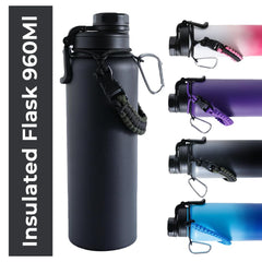 The Better Home Insulated Water Bottle for Gym Kids Office|Thermos Stainless Steel Vacuum Insulated Flask with Rope and Carabiner 6hrs Hot Water Bottle for Boys and Girls | 720ml (Black)