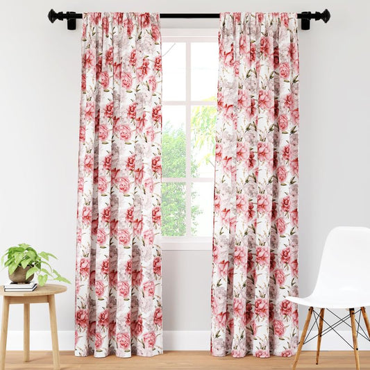 Encasa Window Curtain 8 ft Set of 2, Polyester Printed with Rod Pocket, Tie Back, Light-Filtering, Semi Sheer/Transparent Curtains- Kitchen, Bedroom, Living Room (140x244 cm), Peonies