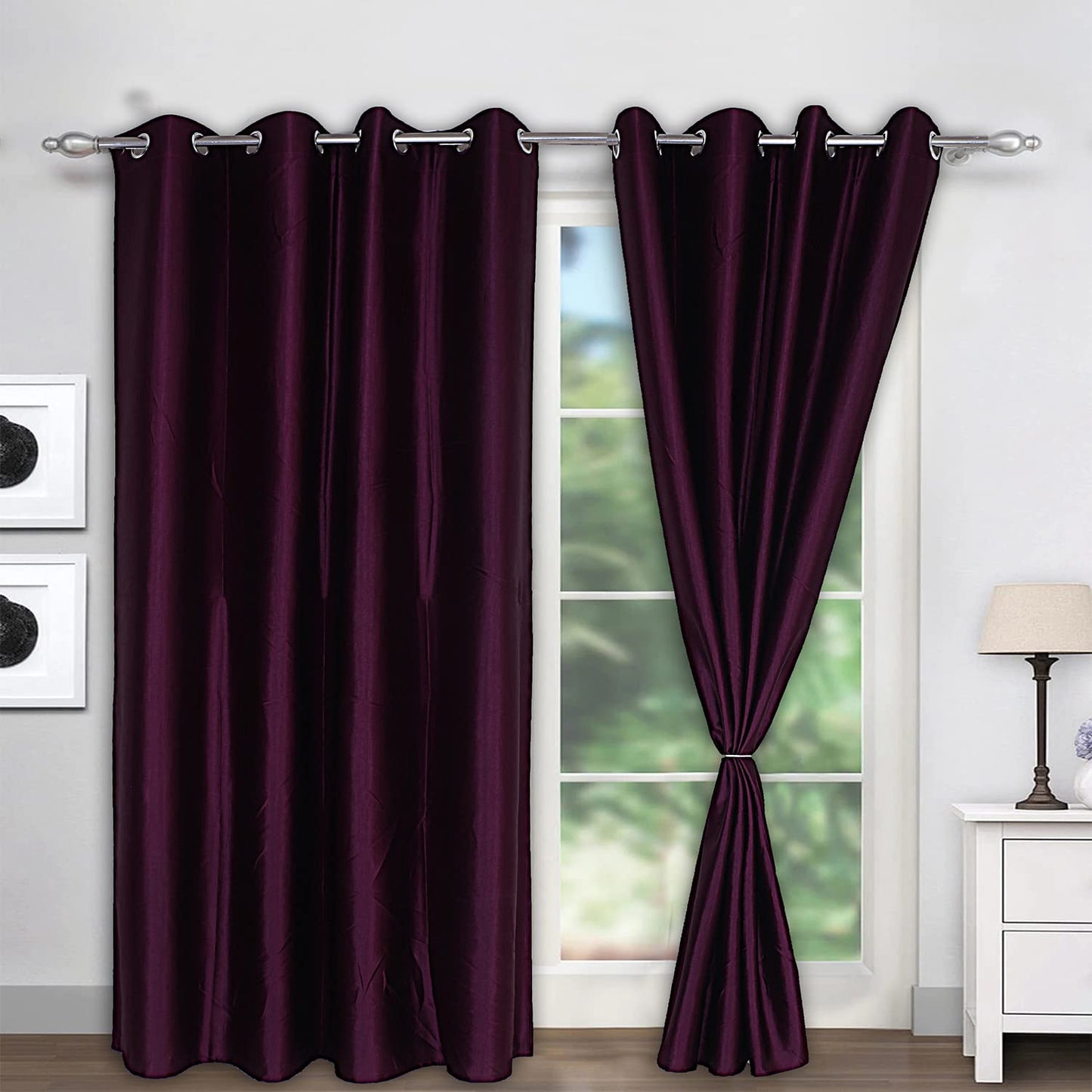 Set of 2: Blackout Door Curtains - Faux Silk, Eyelet | Room Darkening | 7 Feet | Purple