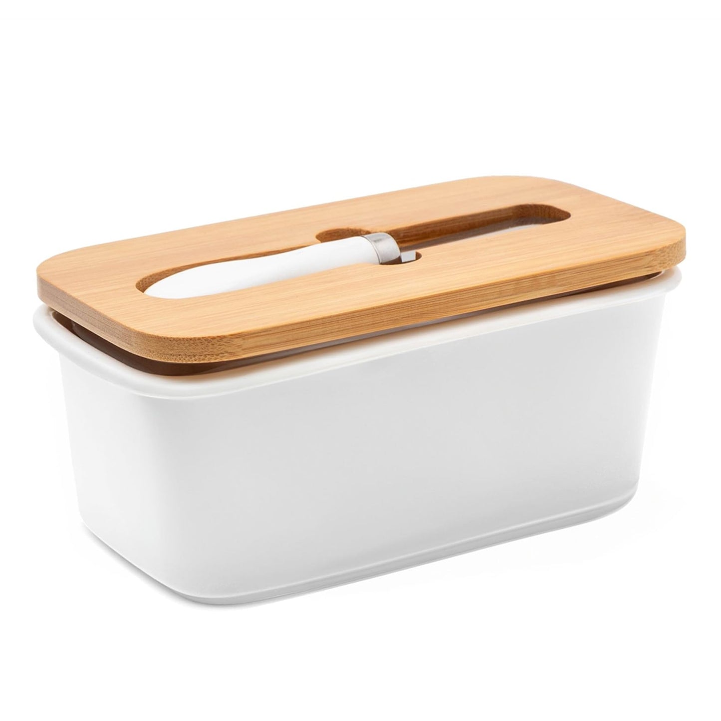 UMAI Ceramic Butter Dish with Lid & Knife (600ml) | Butter/Cheese Box for Fridge | Wooden Airtight Lid with Sealed Silicone Ring | Butter Container | Butter Holder/Case (White, Pack of 1)