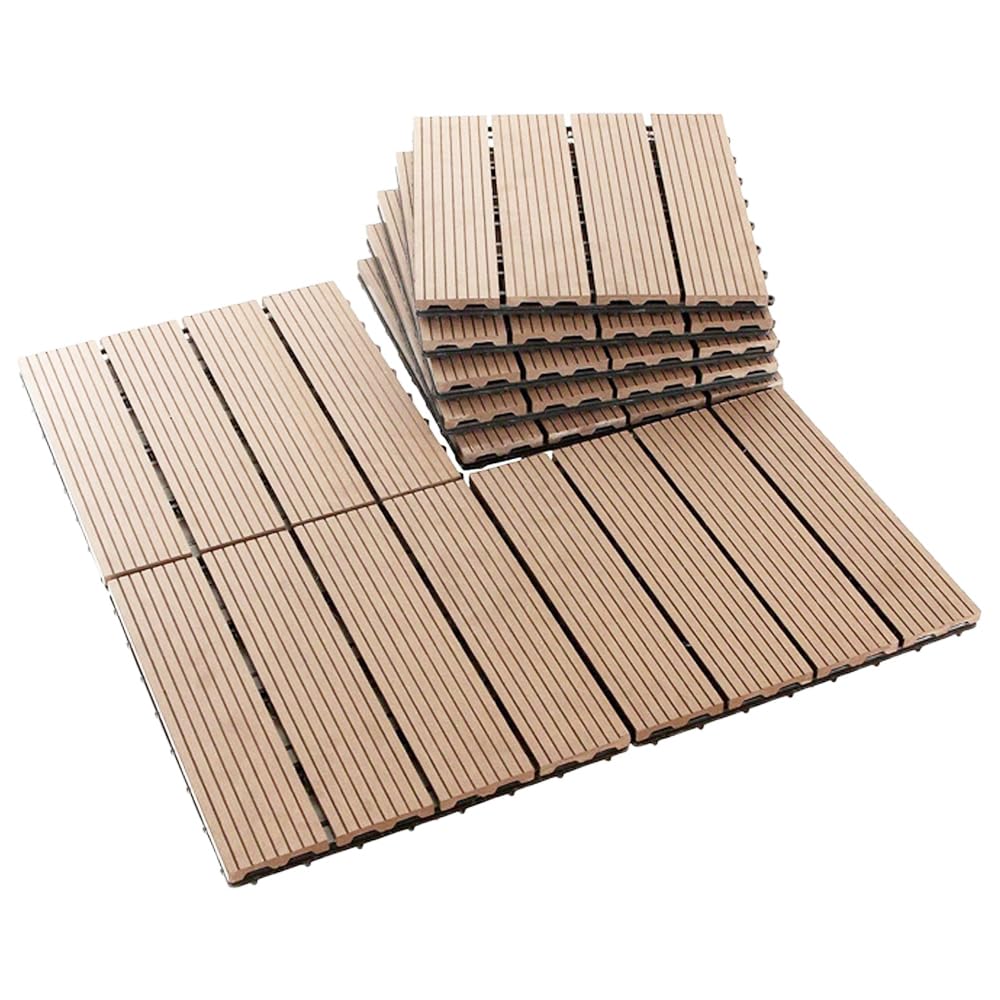 Set of 12: Interlocking Wooden Floor Tiles - Weather & Water Resistant | 12" x 12" Deck Tiles | Brown
