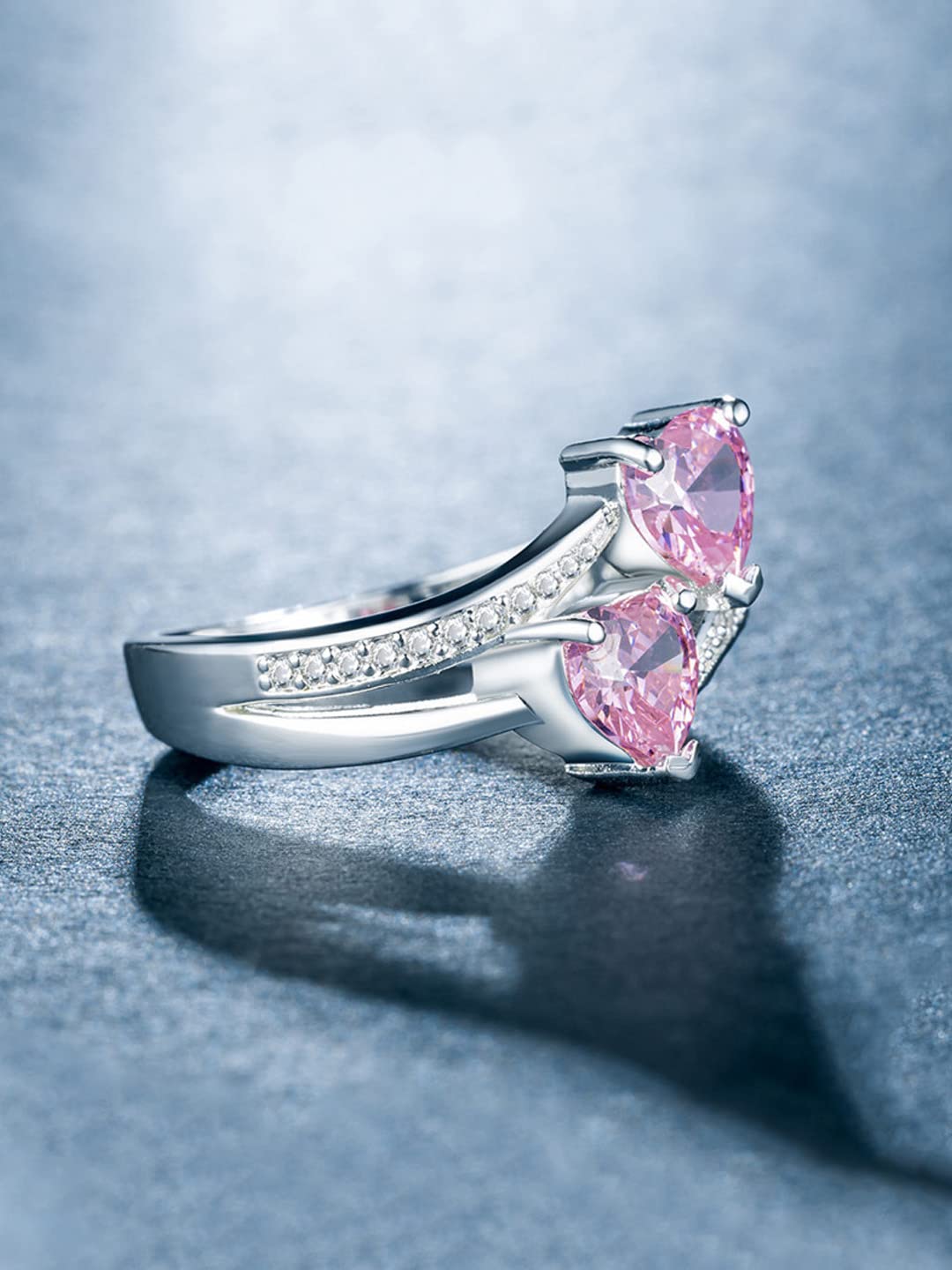unwind Silver Tone Pink Dual Heart Ring - Romantic Jewelry