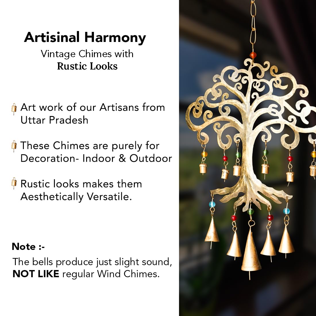 Metal Wind Chimes - Tree of Life Design | Easy to Install | Standard Size | Gold Brass Finish