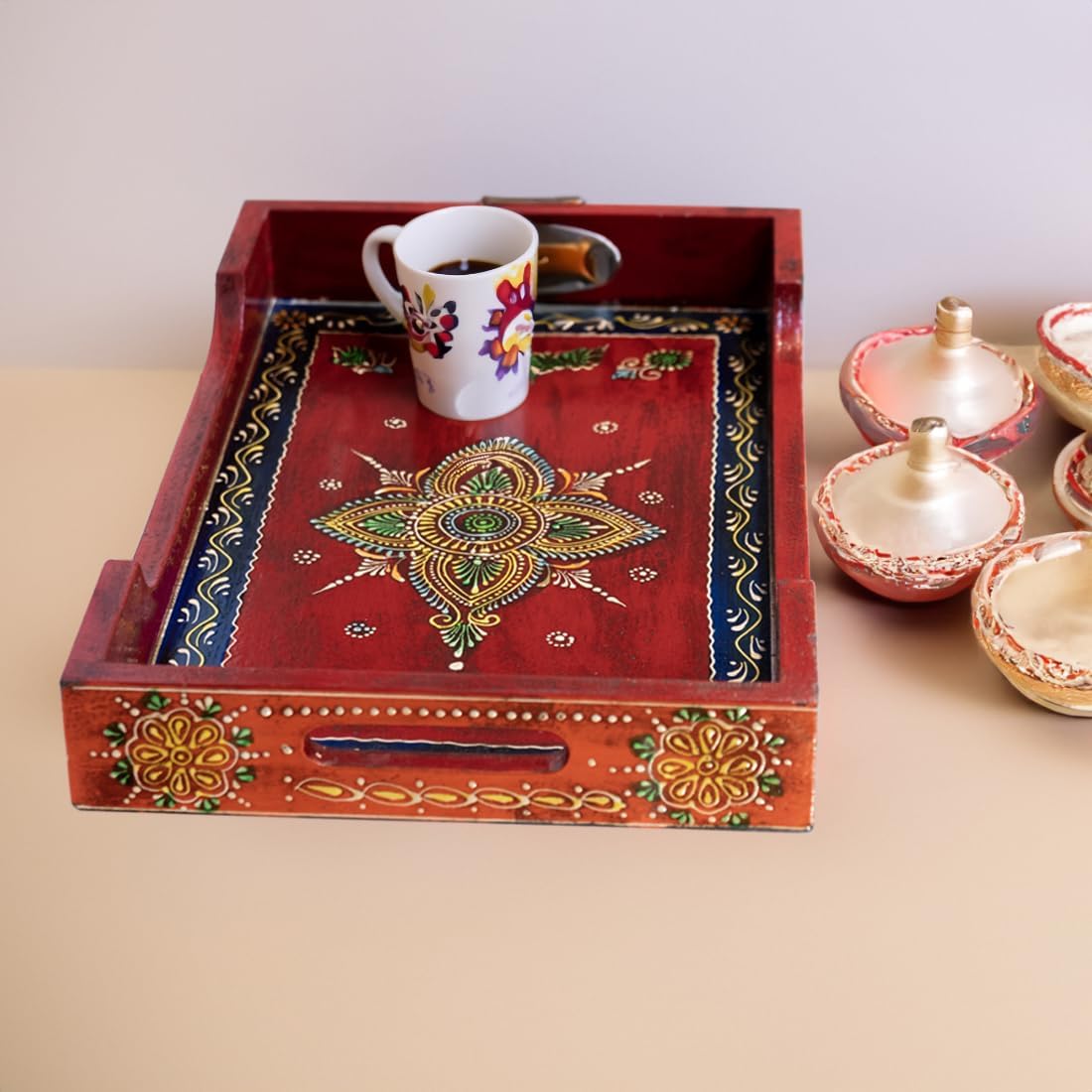 Wooden Tray for Serving - Handpainted Mango Wood | Tea Tray Set Serveware | Standard | Red