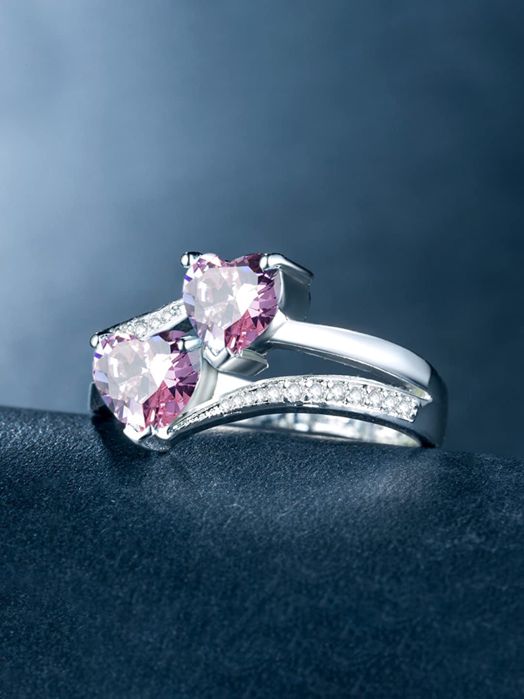 unwind Silver Tone Pink Dual Heart Ring - Valentine's Day Present