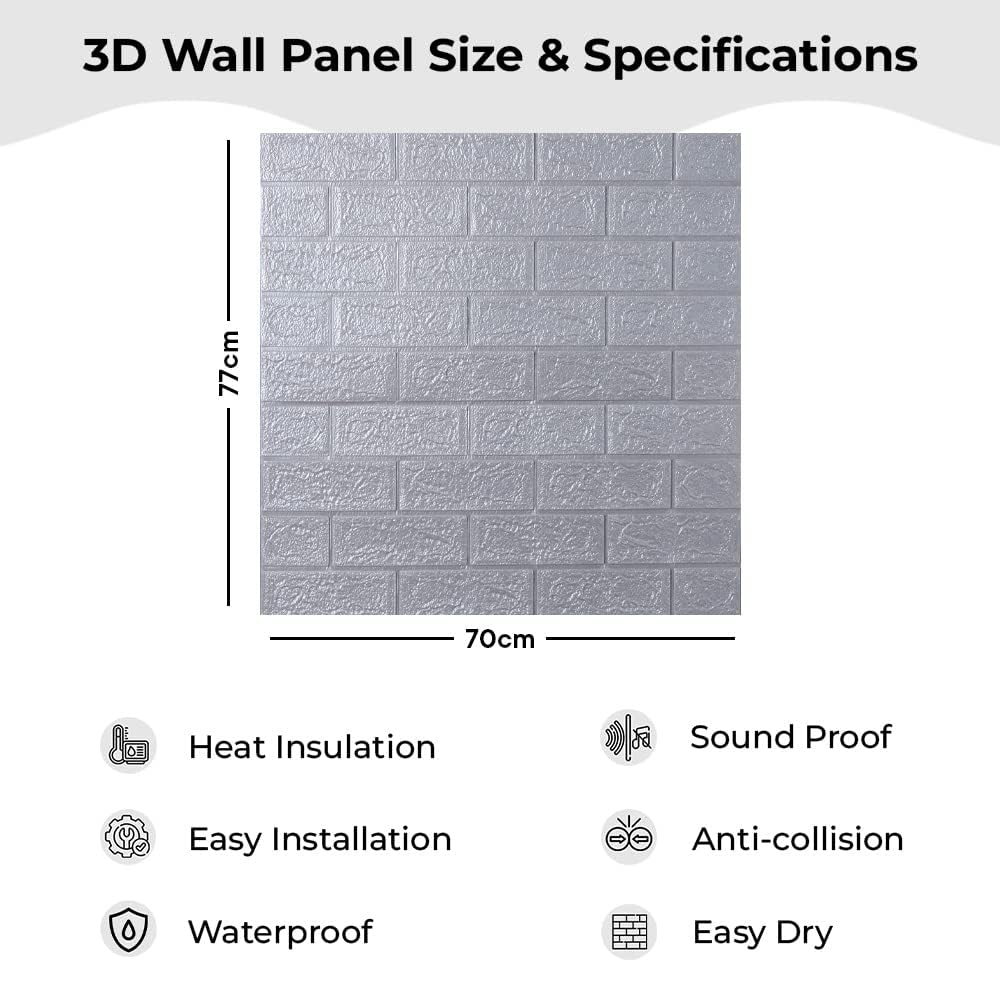 Pack of 5: 3D Foam Brick Pattern Wallpaper - Easy Peel & Stick | Soft PE Foam | 70 cm X 77 cm | White