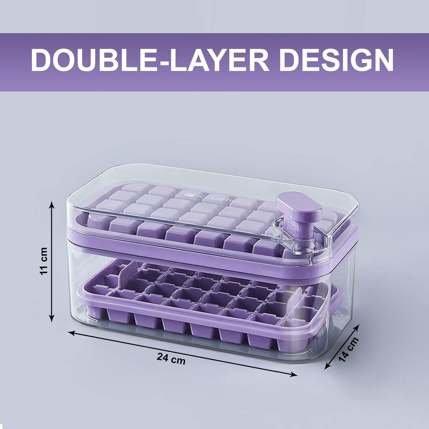 Pack of 6: 2 Layer Ice Cube Trays with Lid - 64 Molds for Easy Demolding | Includes Ice Scoop | Purple