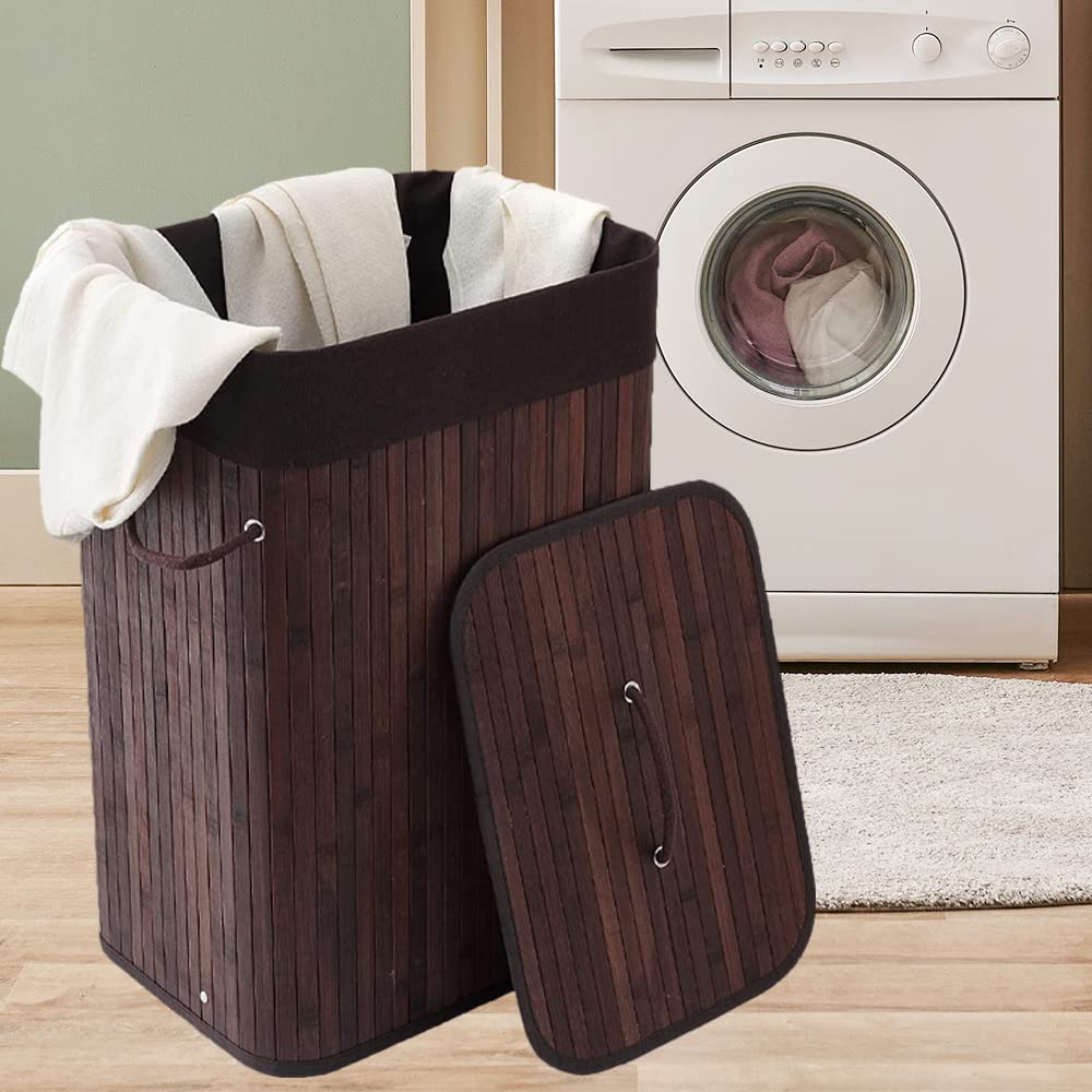 Pack of 2: Bamboo Laundry Baskets - Foldable, Durable Rope Handles | Removable Bag | Dark Brown