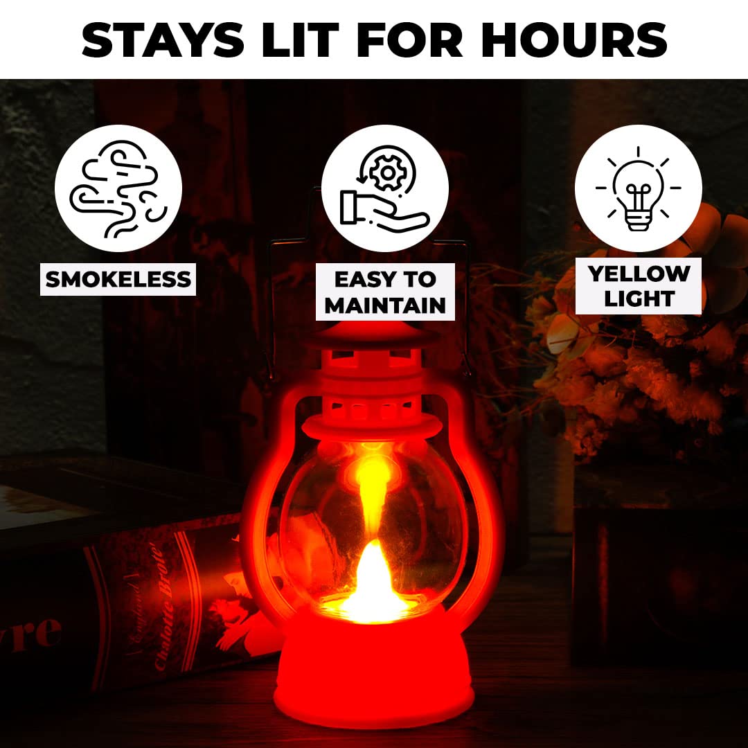 Antique Red LED Lantern Lamp - Battery Operated, Flameless Yellow Light | Perfect for Diwali & Parties | 12.5 cm