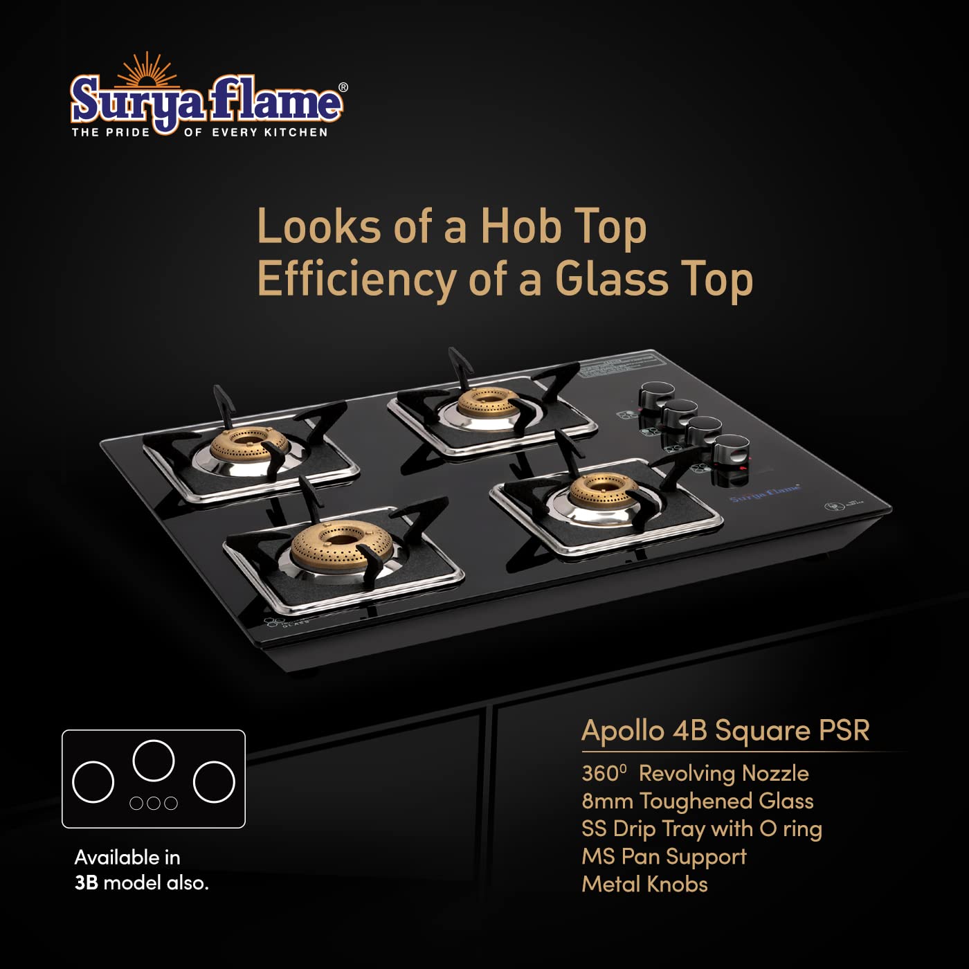 Surya Flame Apollo LPG Gas Stove - Square 4B, Stainless Steel | 10.5kg | Black | Gas Powered