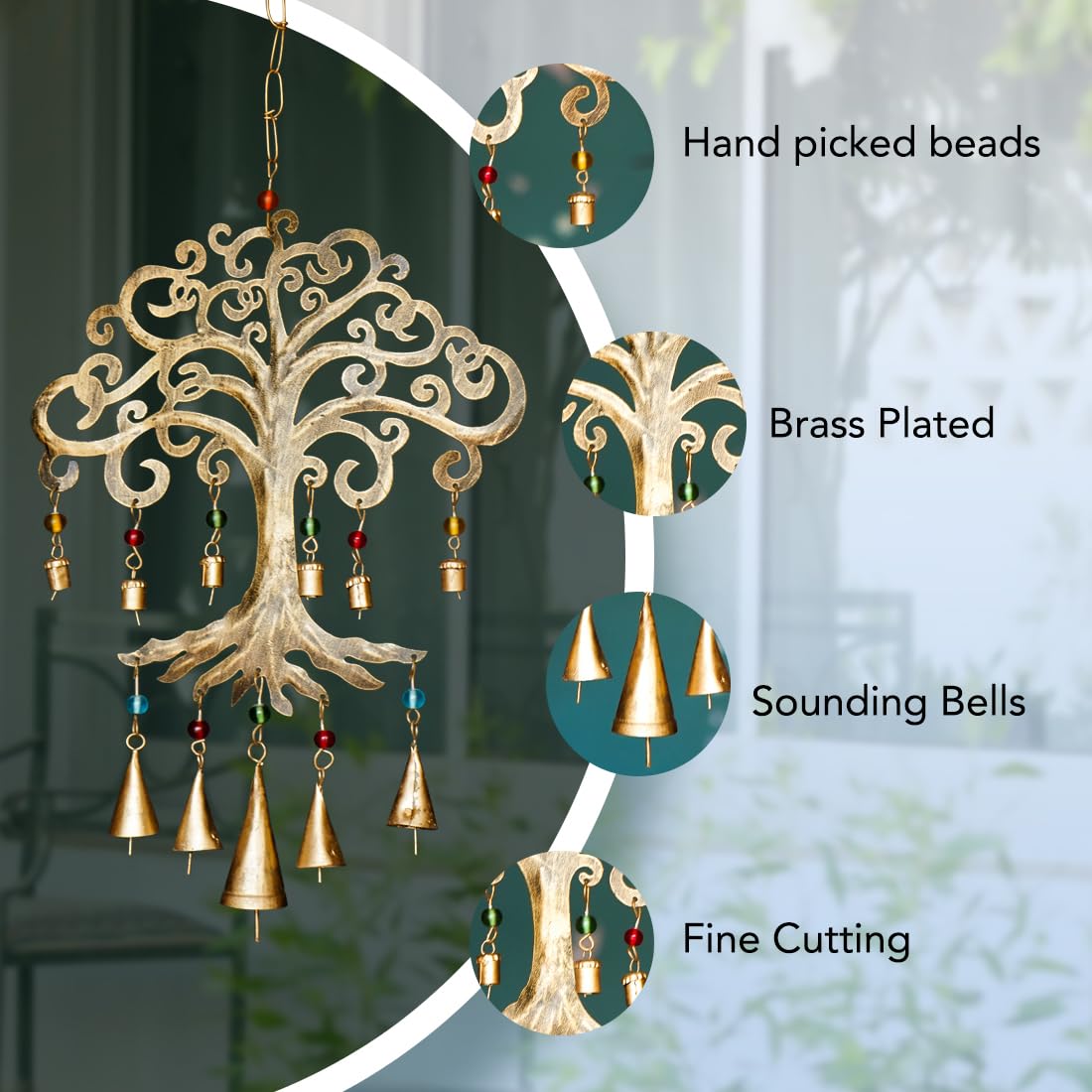 Metal Wind Chimes - Tree of Life Design | Easy to Install | Standard Size | Gold Brass Finish