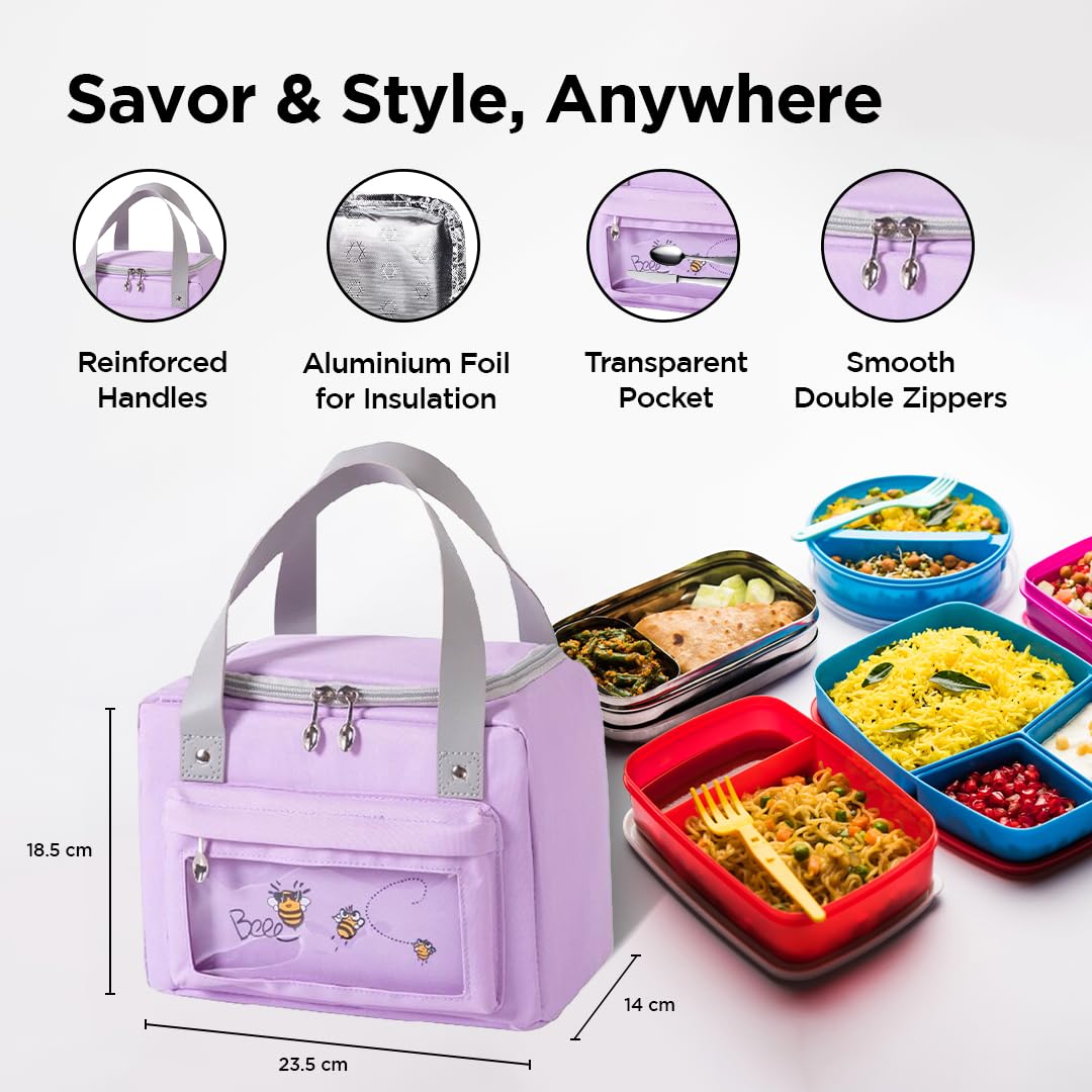 Insulated Lunch Bag - Leakproof, Lightweight, Durable Handle | Front Pocket for Napkins, Cutlery | 4.5L | Purple