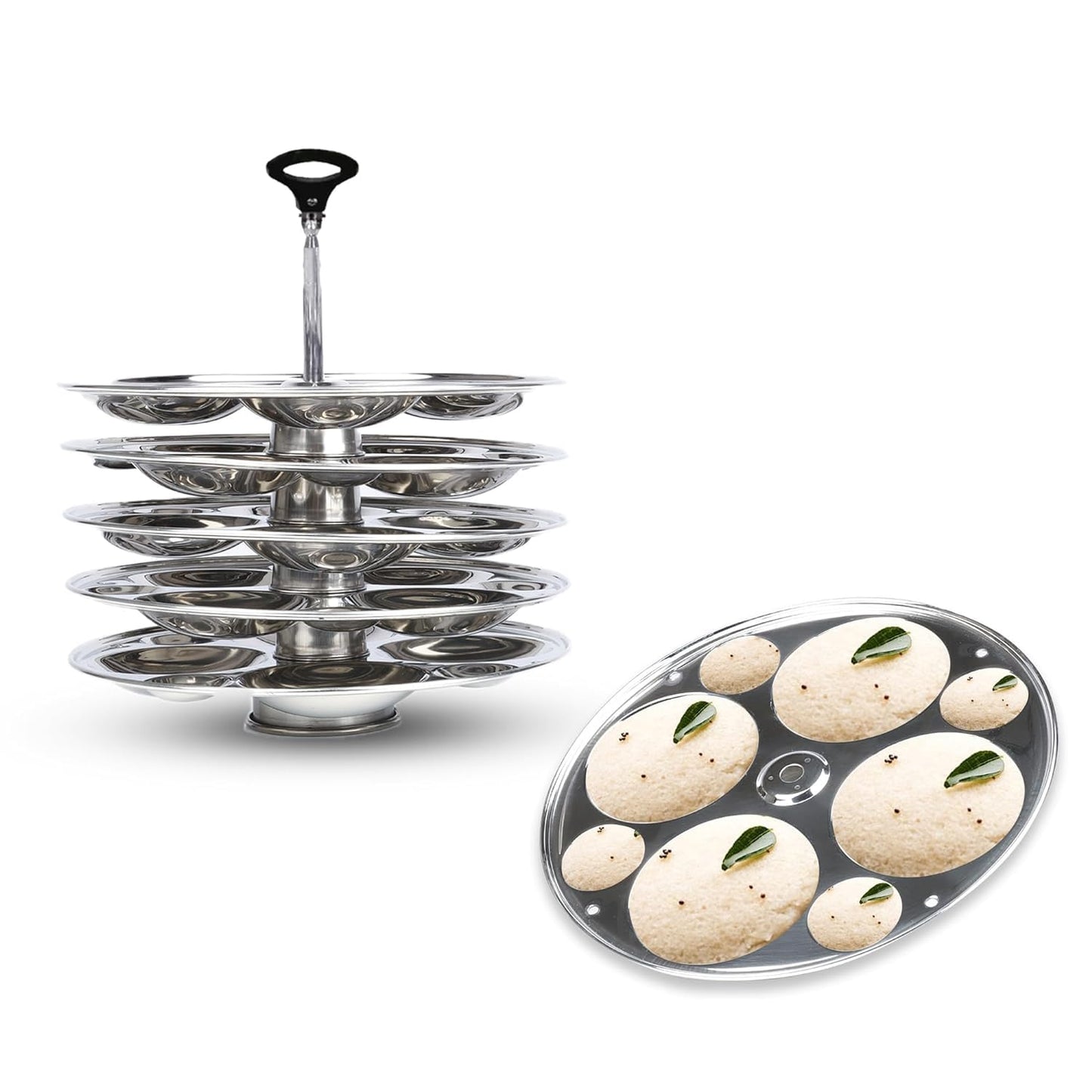 USHA SHRIRAM Stainless Steel Idli Plates Set: Round Plates (6-48 Idlis) & Triangle Idli Plates (6-30 Idlis) -Removable Plates | Bakelite Handle with Cool Grip | (Pack of 2)