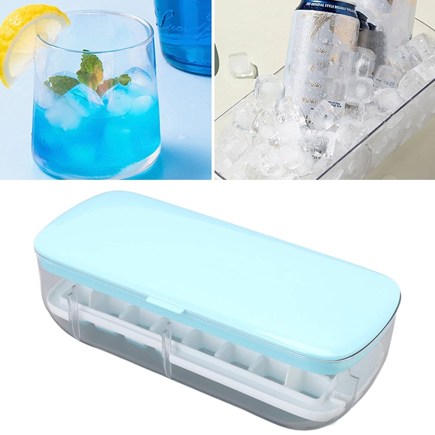 Kuber Industries Pack of 2 Ice Cube Tray with Lid | Ice Cube Storage Box with Ice Scoop | 24 Ice Cube Molds for Freezing | One-Press Demolding | BPA Free | Blue