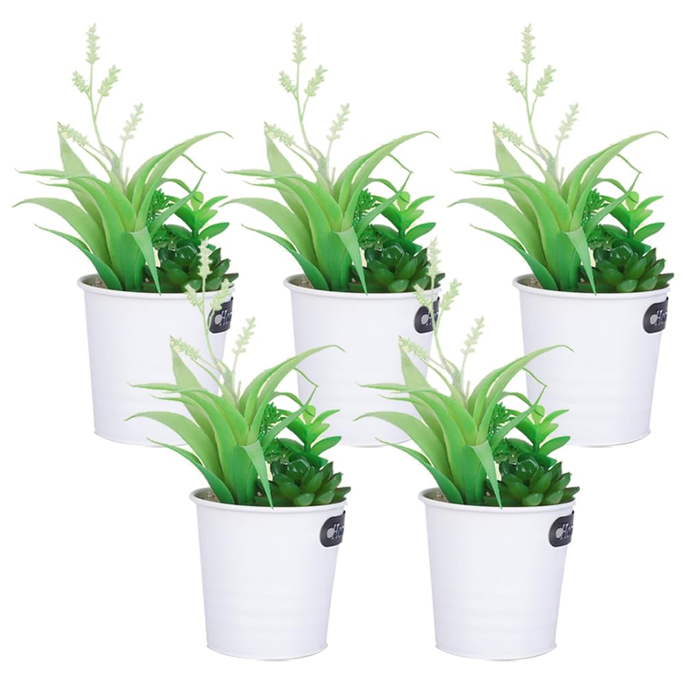 Pack of 5: Artificial Indoor Plants - Natural Looking, with Pots | Perfect for Home Décor | Color: Green