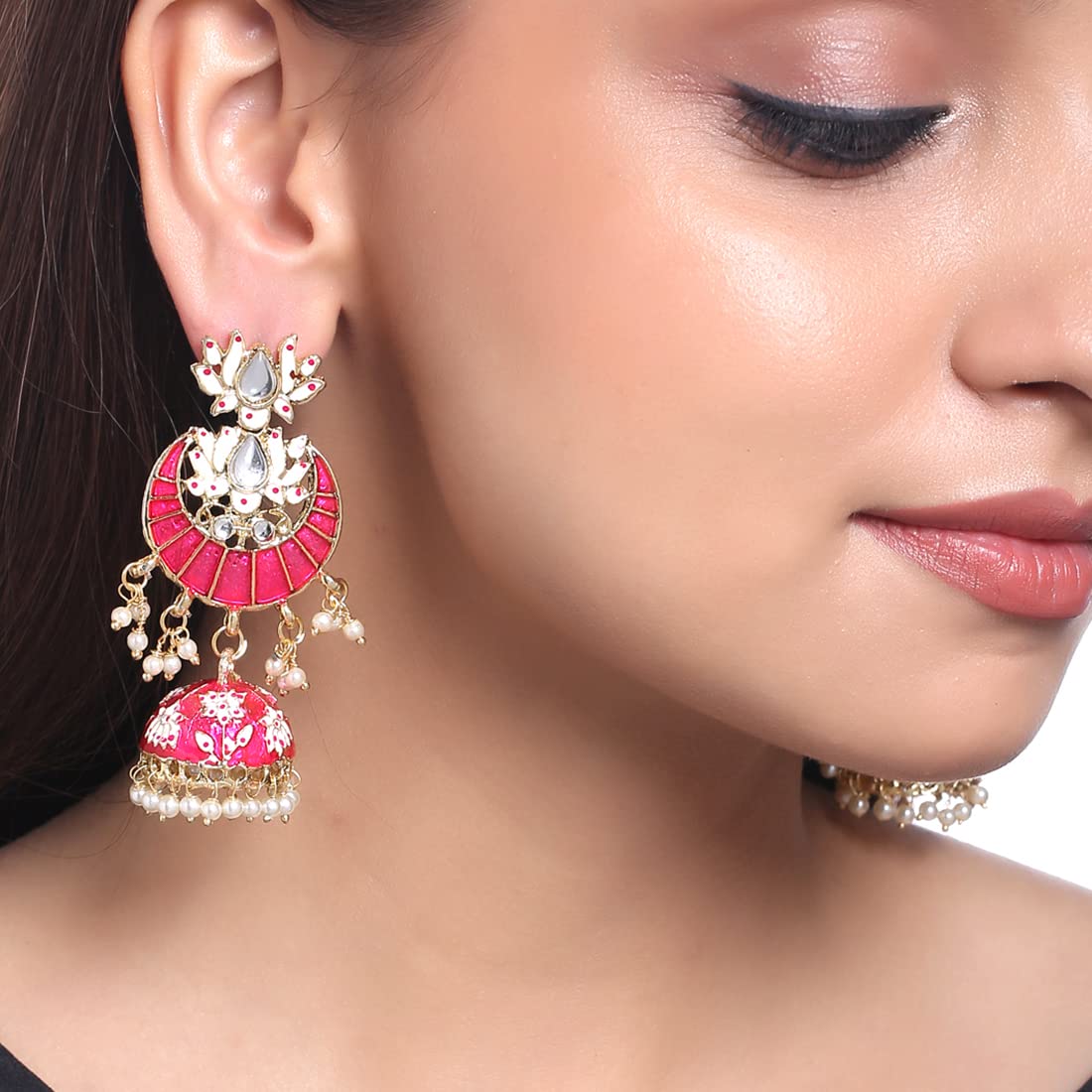 Yellow Chimes Pink Meenakari Jhumka Earrings - Wedding jewelry