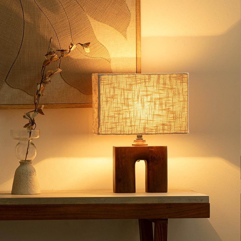 Wooden Table Lamp - Polished, Touch Control, Energy Efficient | Includes Shade | 31 x 18 x 41 cm | Beige