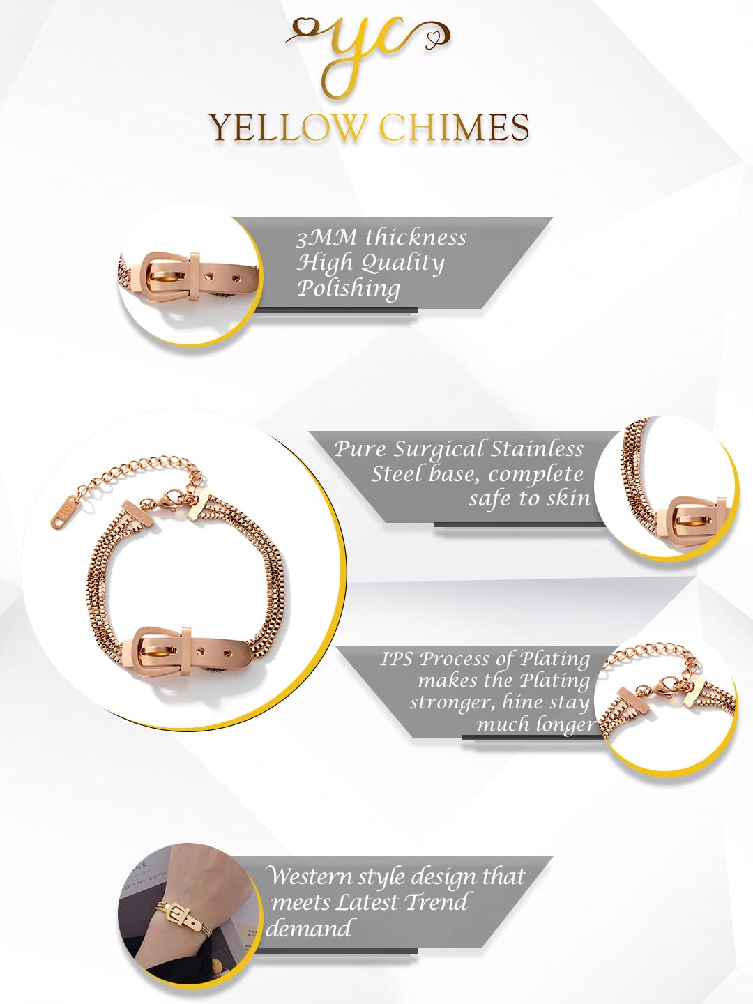 Yellow Chimes Rose Gold Chain Bracelet - Great for Gift Giving