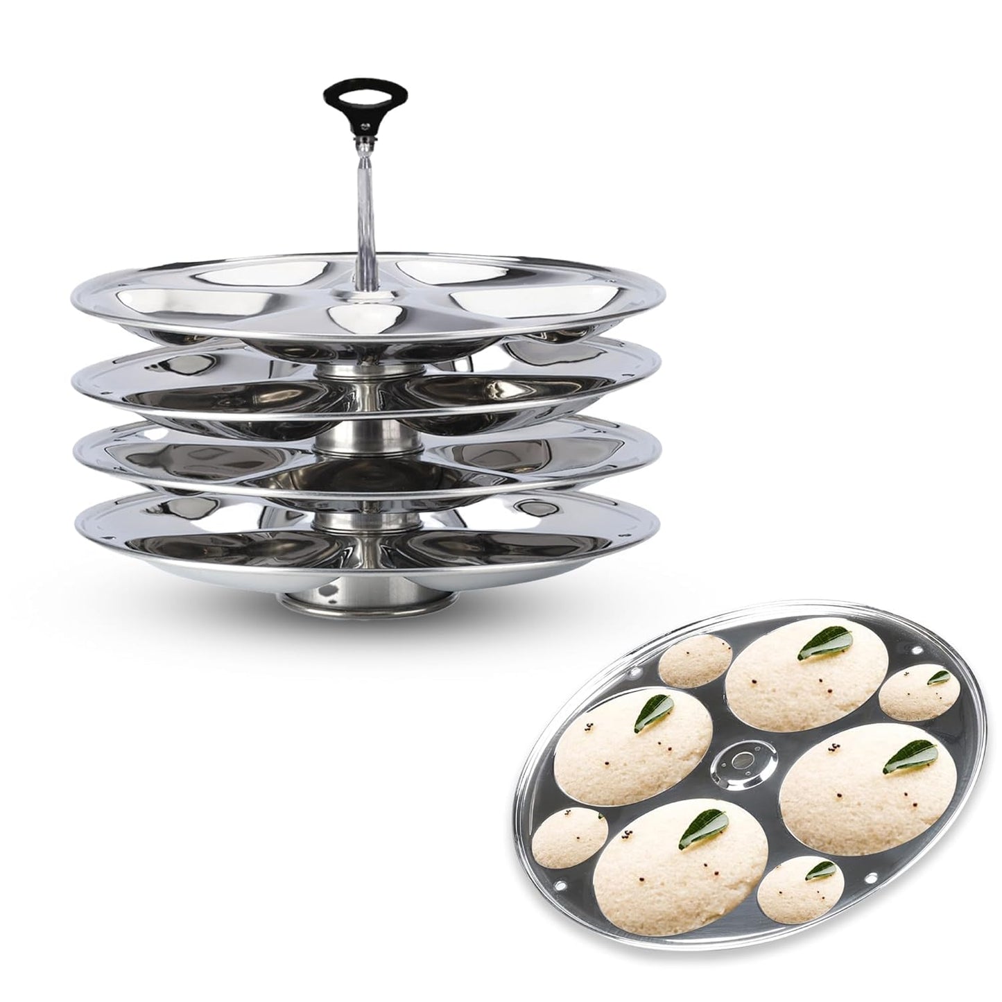 USHA SHRIRAM Stainless Steel Round Idli Plates Set 4 Plates (32 Idlis)| 6 Plates (48 Idlis) with Removable Idli Plates|Detachable Bakelite Handle | Cool Grip (Pack of 2)