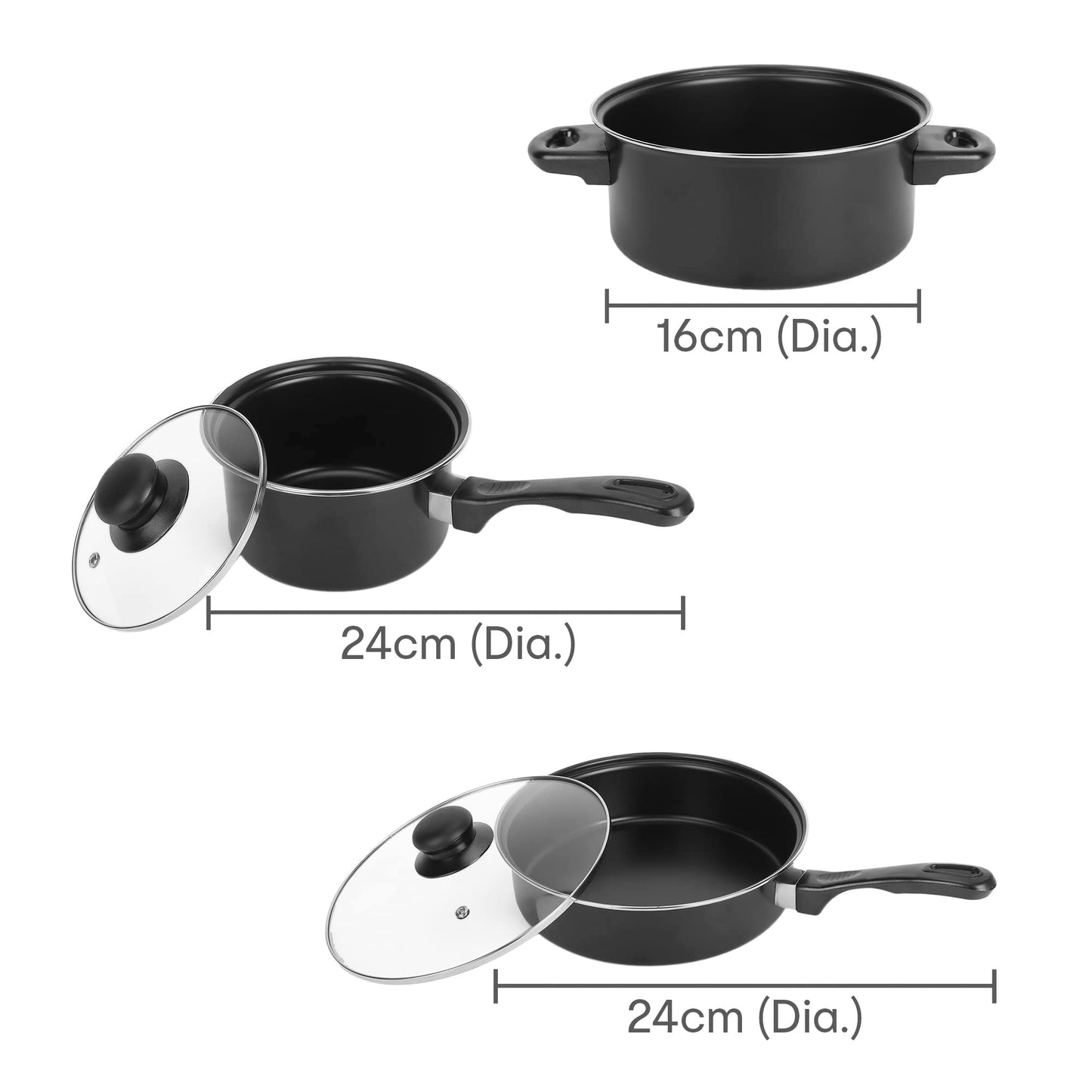 Anko Non-Stick Carbon Steel Cook Set Of 3 Xylan Coating Electric, Gas, Ceramic, Halogen Cooktop Pfoa Free Fry Pan: 24 Cm (D), Glass Lid Casserole: 24 Cm Dia, Glass Lid Saucepan: 16Cm Dia, Black