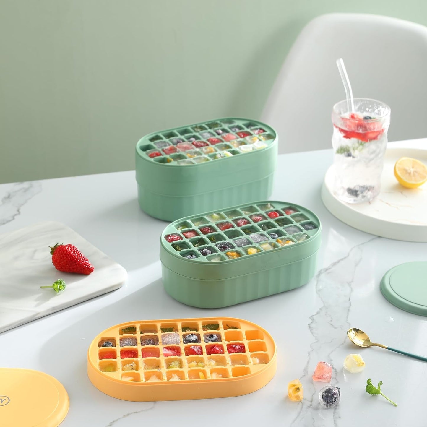 Pack of 6: 2 Layer Ice Cube Trays with Lid | Ice Scoop Included | 72 Ice Molds | BPA Free | Green