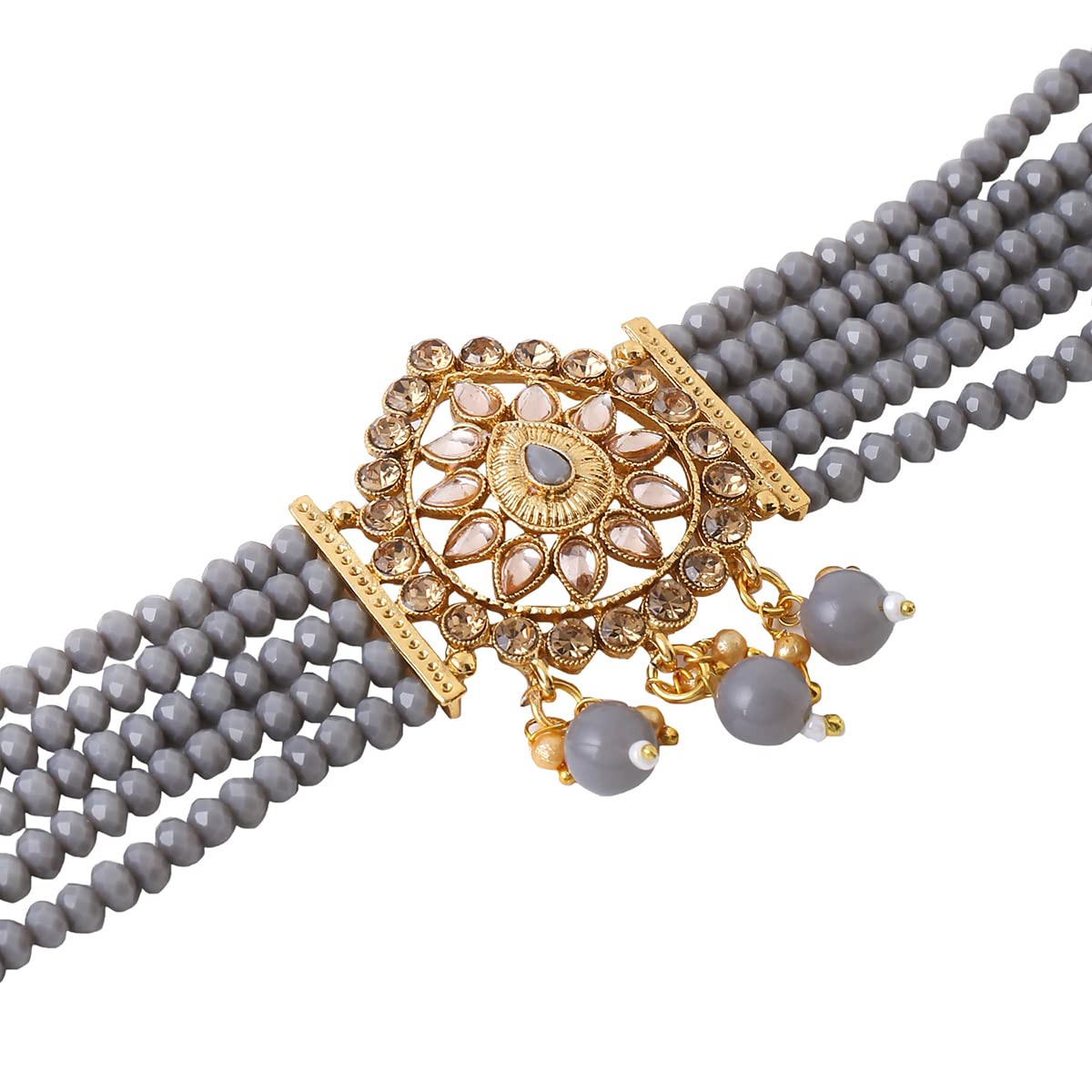 Kundan Studded Choker Set with Earrings & Mangtikka | 32.5 cm | Grey