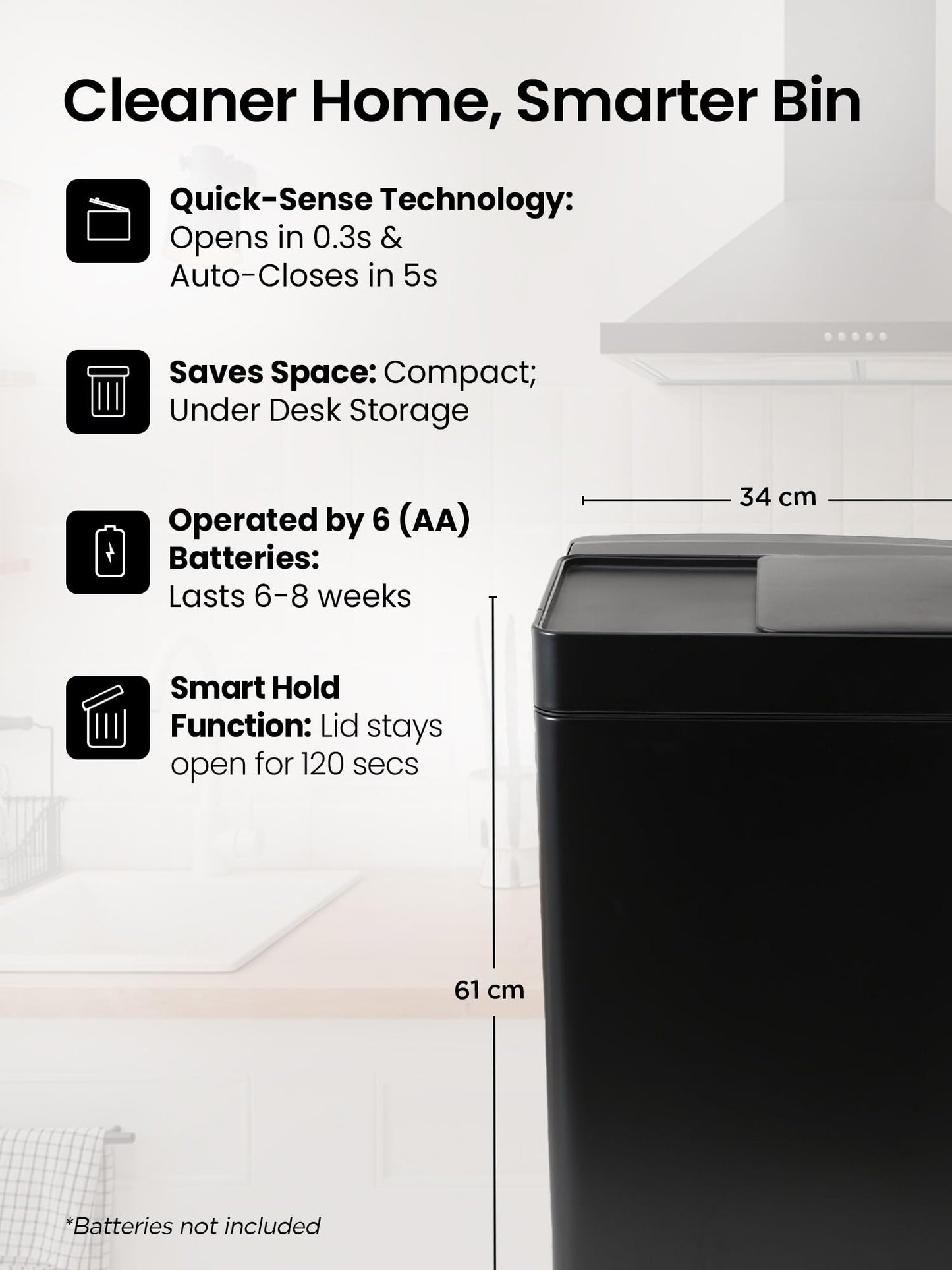 SAVYA HOME Automatic Sensor Dustbin for Kitchen, Dustbin for Bedroom, Dustbin for Bathroom, 42L I Ozone Sterilizing Mode, Large Steel Dustbin, Sliding Lid | CE & RoHS Certified, Black, 1