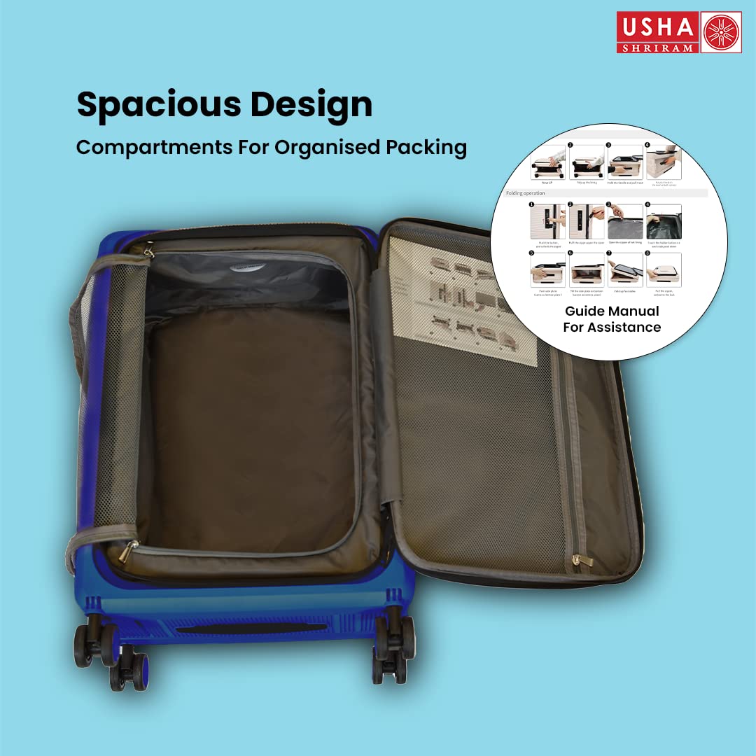 USHA SHRIRAM Cabin & Check-In Bag Combo (2Pcs - 55cm & 65cm) Collapsible Luggage Bag | Polypropylene | Navy | Suitcase For Travel | 360 Degree Wheel & Lock| Foldable Trolley Bag For Travel (Pack of 2)