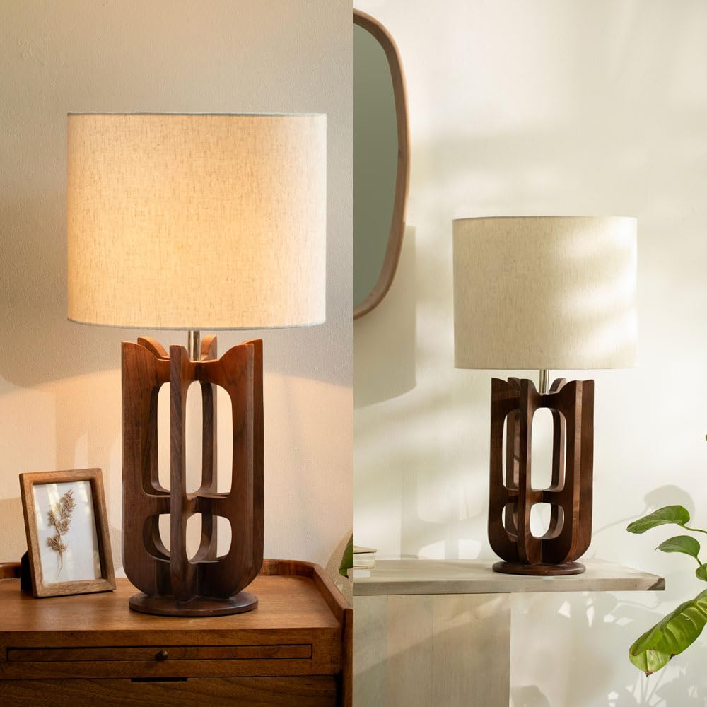 Wooden Table Lamp with White Shade | Decorative Night Light for Bedroom & Living Room | 35 x 35 x 69 cm | Brown