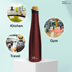 The Better Home Insulated Stainless Steel Water Bottle with Cork Cap | 18 Hours Insulation | Pack of 20-750ml Each | Hot Cold Water for Office School Gym | Leak Proof & BPA Free | Wine Colour