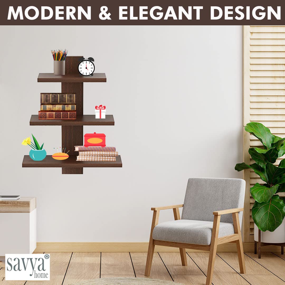 Tree Shape Wall Mounted Shelf - Modern 3 Tier Storage Rack | DIY Assembly | 18x18x15 inch | Wenge Finish