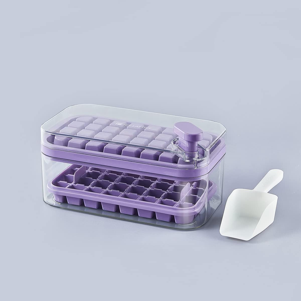 Pack of 6: 2 Layer Ice Cube Trays with Lid - 64 Molds for Easy Demolding | Includes Ice Scoop | Purple