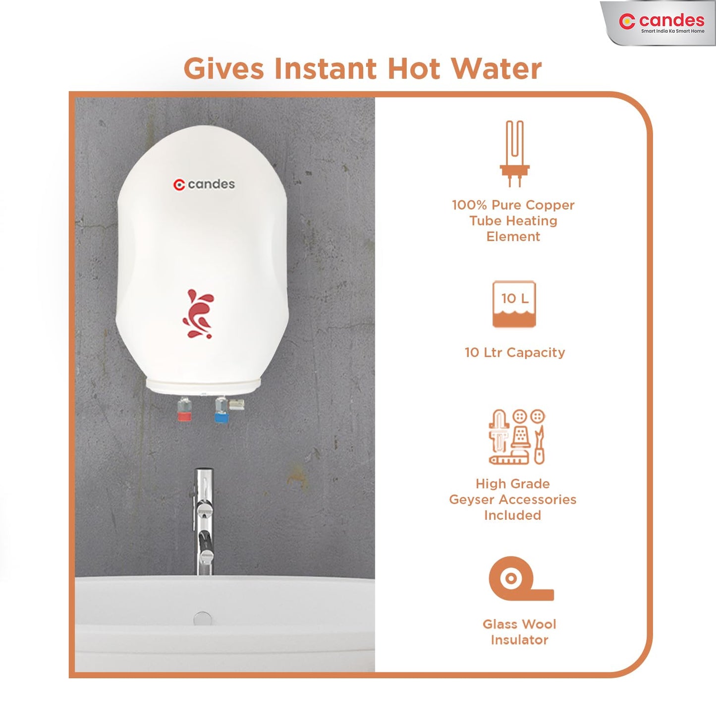 Candes Geyser 10 Litre | 1 Year Warranty | Water Heater for Home, Water Geyser, Water Heater, Electric Geyser, 5 Star Rated Automatic Storage Water Heater, Wall Mounting, 2KW - Gracia (Ivory)