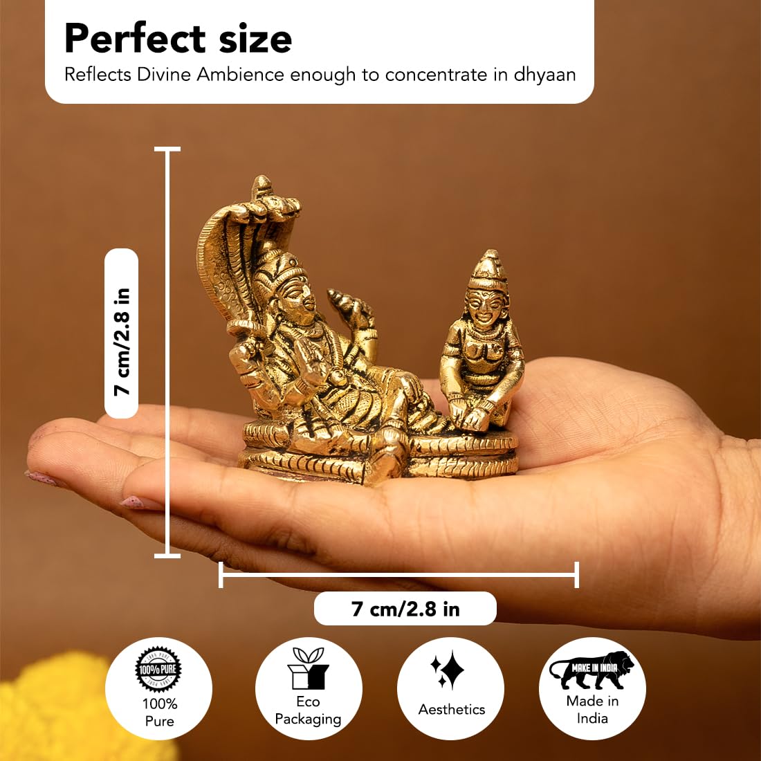 Brass Vishnu Laxmi Murti on Sheshnag - Traditional Gold Idol for Puja | 7 cm | Decorative Accessory